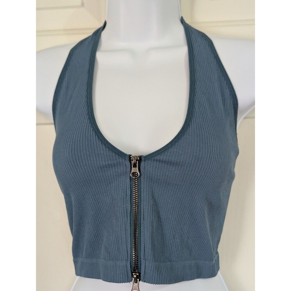 Out From Under Halter Tank Top Womens M/L Blue Ribbed Zip Urban Outfitters Y2K